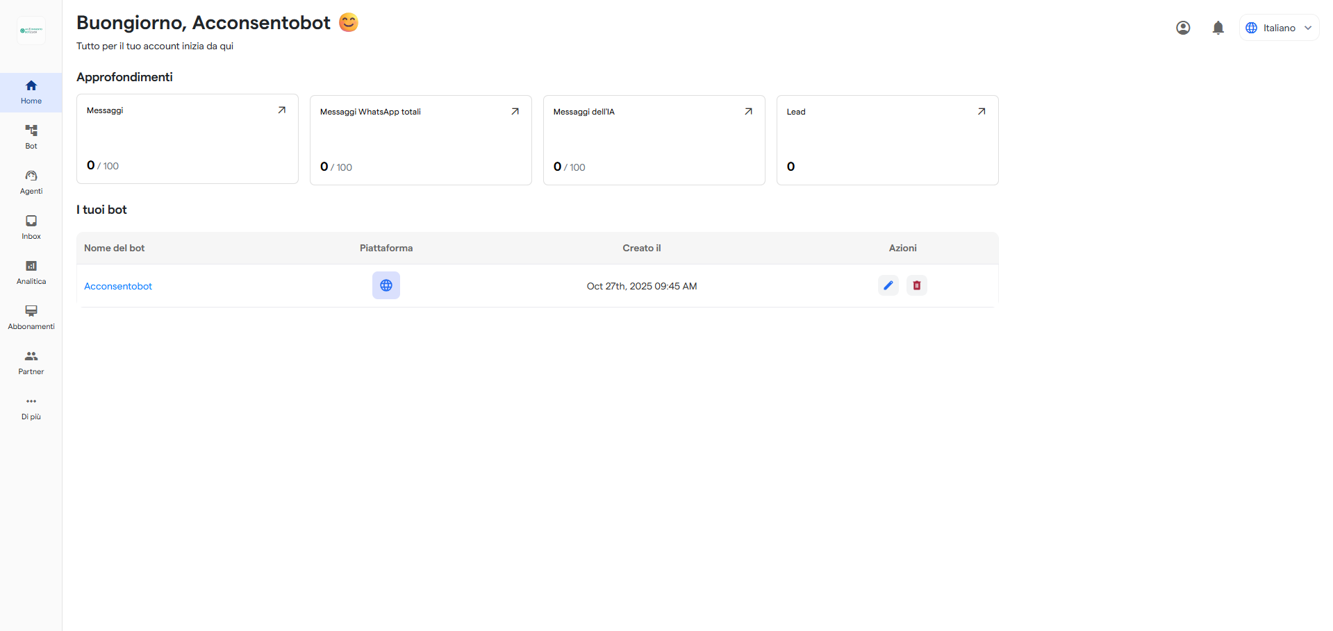 Dashboard di Acconsentobot