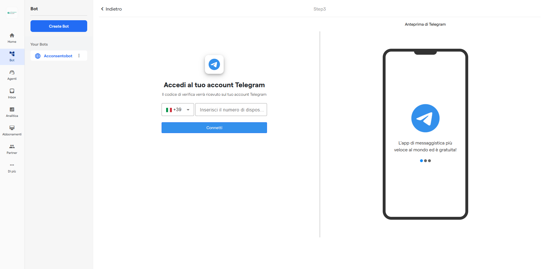 Inserisci numero di telefono per Telegram bot