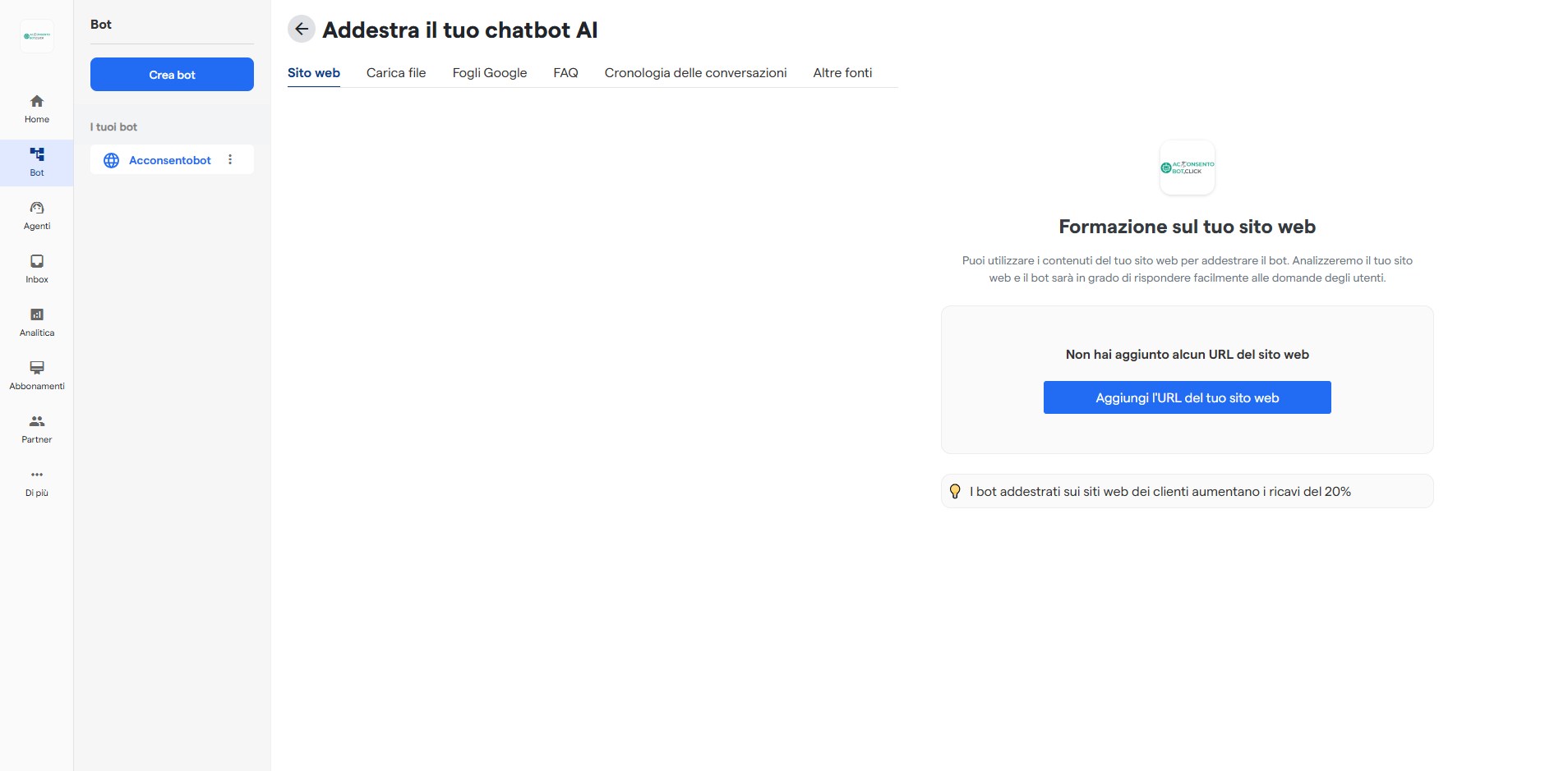 Fonti di addestramento per Acconsentobot AI