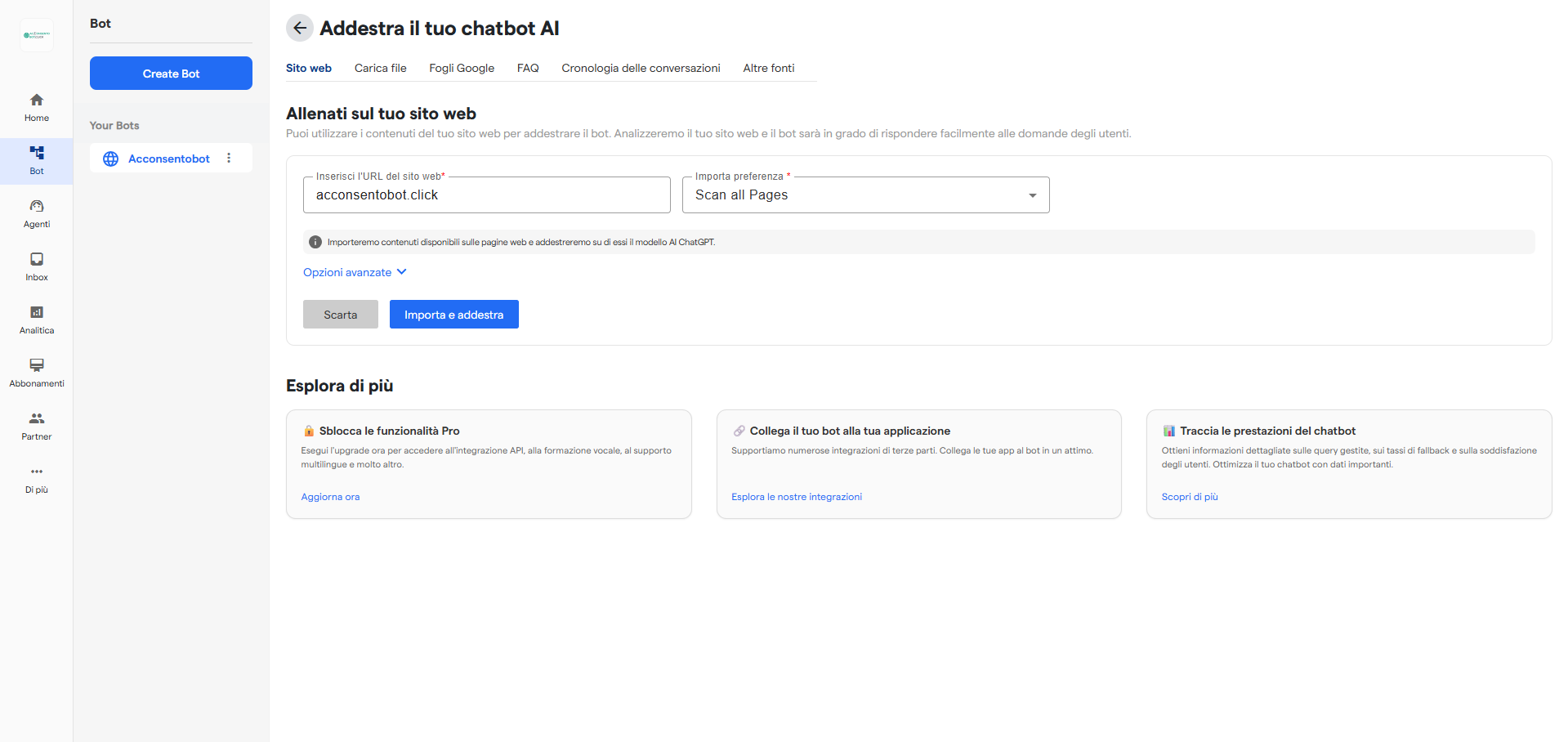 Inserisci URL sito web