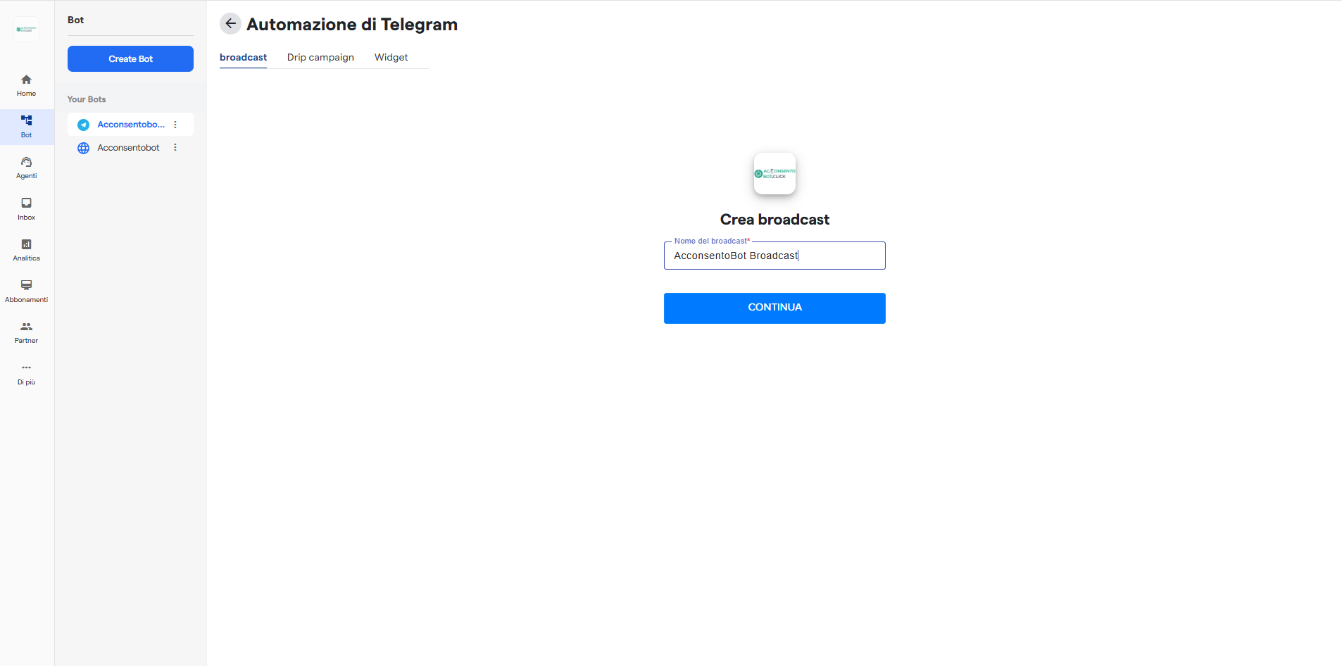 Creare nuovo Broadcast in Acconsentobot
