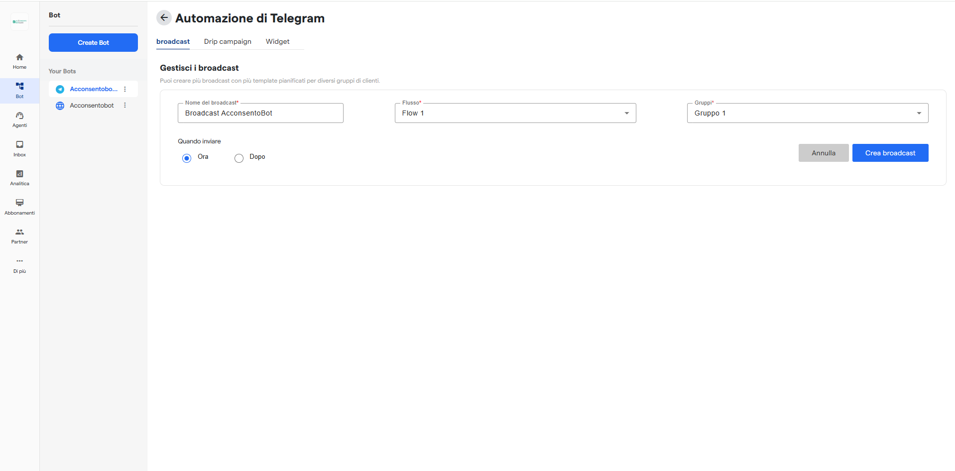 Pulsante Crea Broadcast