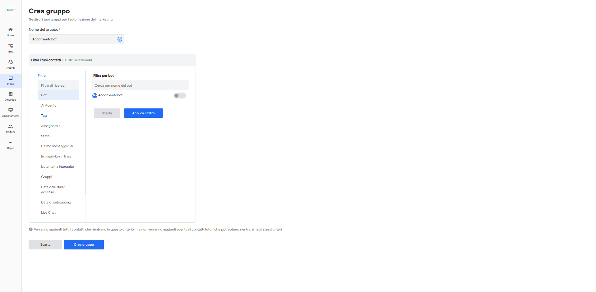 Applicare filtri al gruppo Acconsentobot