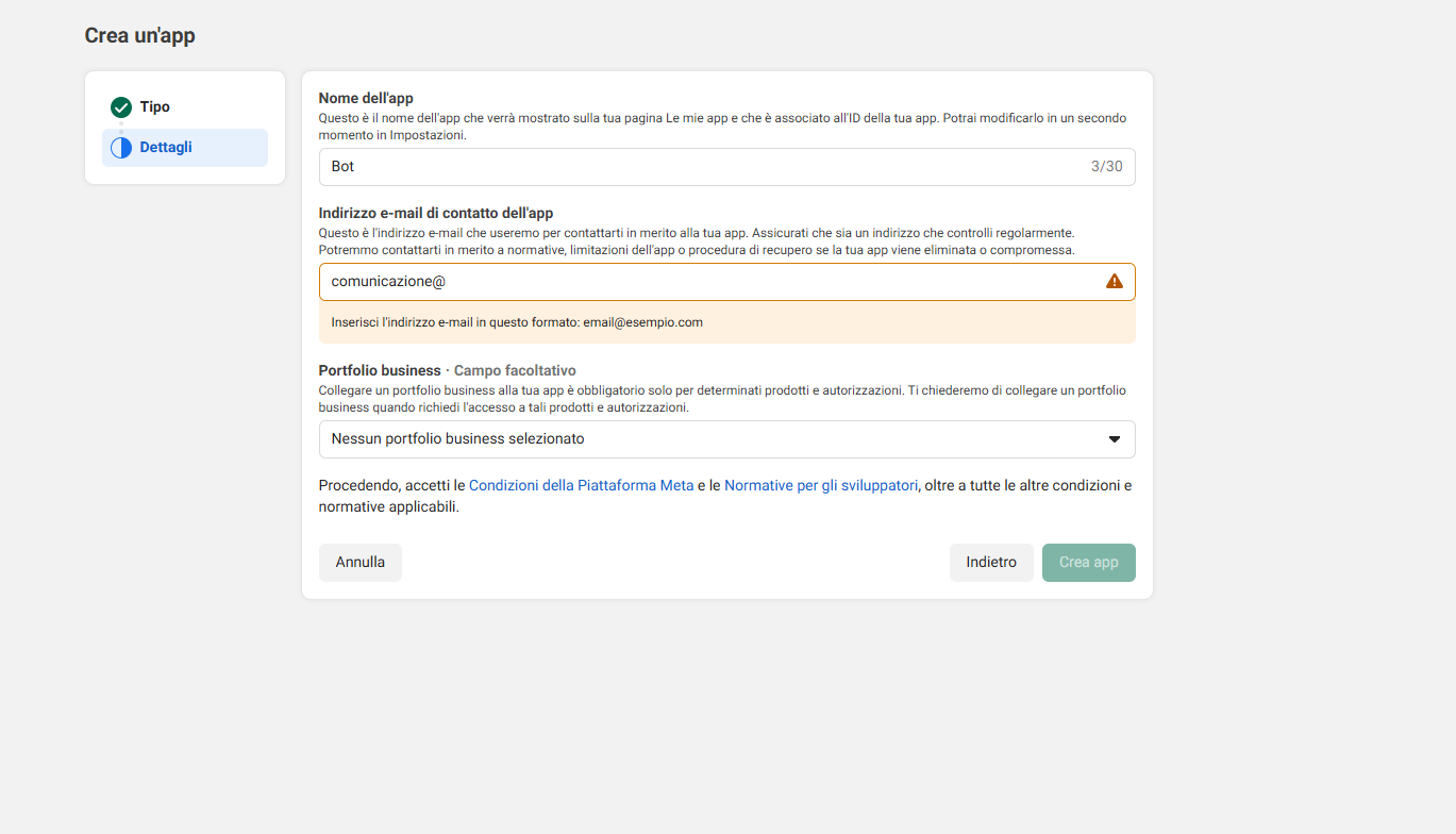 Imposta nome ed email app