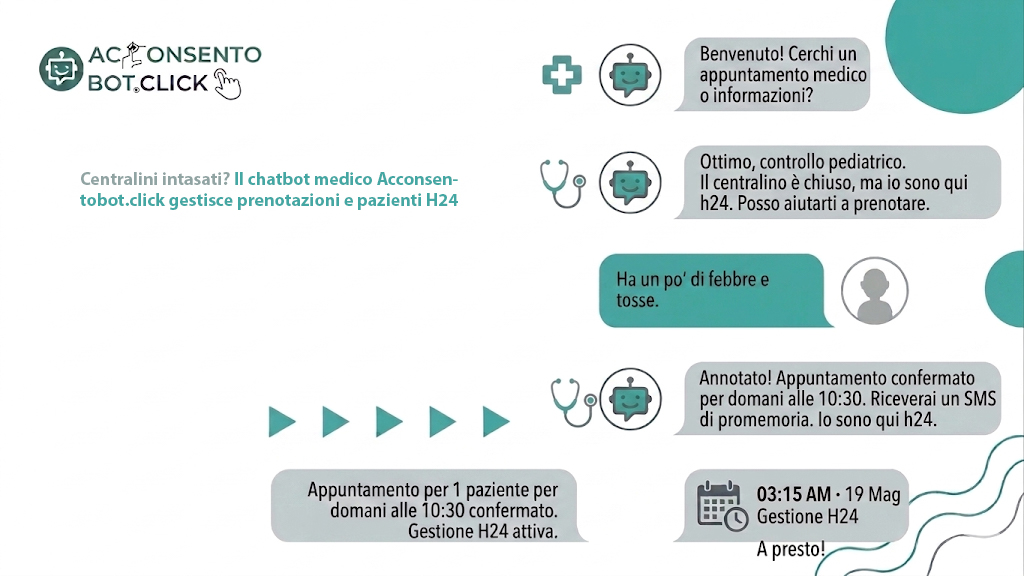 Al momento stai visualizzando Centralini intasati? Il chatbot medico Acconsentobot.click gestisce prenotazioni e pazienti h24